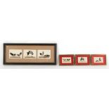 Property of a gentleman - two sets of three cockfighting feather pictures, one set framed as one (
