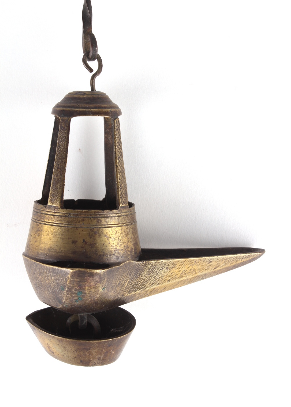 Property of a lady - a bronze hanging oil lamp, 18th / 19th century, with wrought iron suspension - Image 2 of 2