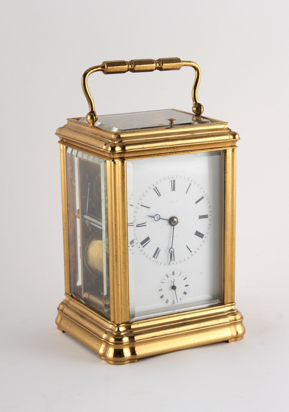 A 19th century French brass gorge cased alarm repeating carriage clock, the enamel dial inscribed '