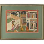 Property of a lady - an Indian gouache painting depicting a court scene, 7.7 by 11.4ins. (19.5 by