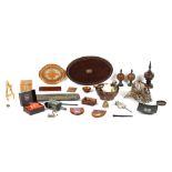 Property of a gentleman - two boxes containing assorted items including an oak & plated oval tray (