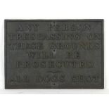 Property of a gentleman - a cast iron rectangular exterior sign or plaque, reading 'ANY PERSON