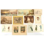 Property of a lady - a folio containing unframed watercolours, drawings & prints, including