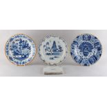 Property of a gentleman - three 18th century Delft blue & white plates, the largest 9.25ins. (23.