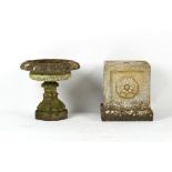 Property of a deceased estate - a well-weathered reconstituted stone garden urn, in two sections,