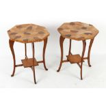 A pair of early 20th century parquetry octagonal topped occasional tables with cabriole legs & shelf