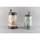 Two late 18th / early 19th German pewter mounted fayence lidded tankards, one painted with a