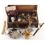Property of a deceased estate - a wooden box containing assorted costume jewellery, watches, etc..