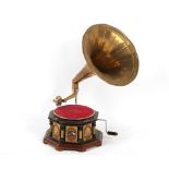 Property of a deceased estate - a retro HMV mechanical wind-up gramophone with brass horn.