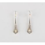 A pair of Art Deco style white gold diamond & pearl earrings, each approximately 39mm long (2).
