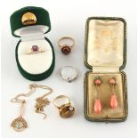 Property of a lady - three 9ct gold gem set rings; together with a 14ct gold similar; a 9ct gold gem