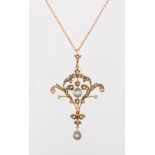 Property of a deceased estate - an Edwardian 9ct gold seed pearl & pale blue stone pendant, 61mm