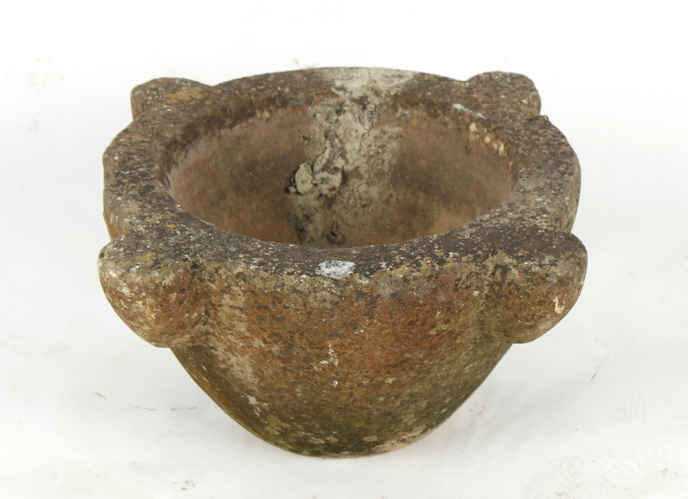 Property of a deceased estate - a well weathered 19th century marble mortar, 18ins. (46cms.)