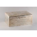 Property of a deceased estate - an early 20th century silver cigar box, with engraved presentation