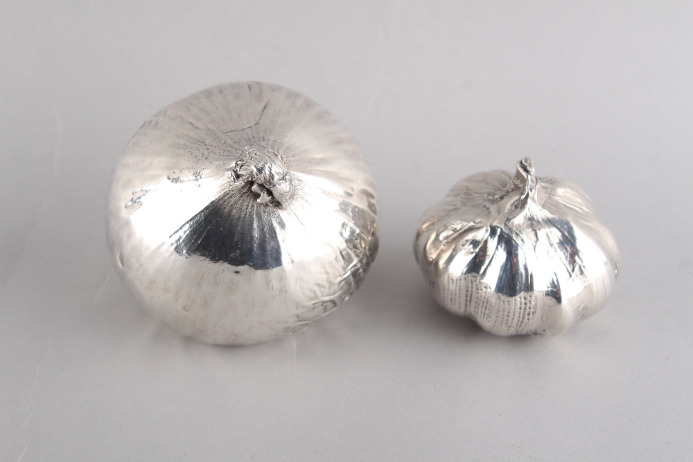 Property of a lady - a modern silver model of an onion and a matching garlic head, John Bull Ltd.,