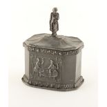 Property of a gentleman - a George III lead tobacco box, one side decorated with St. George & The