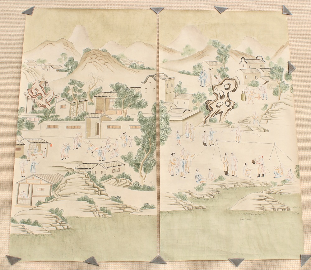 A pair of unframed Chinese scroll paintings on paper depicting acrobats in court landscapes, early