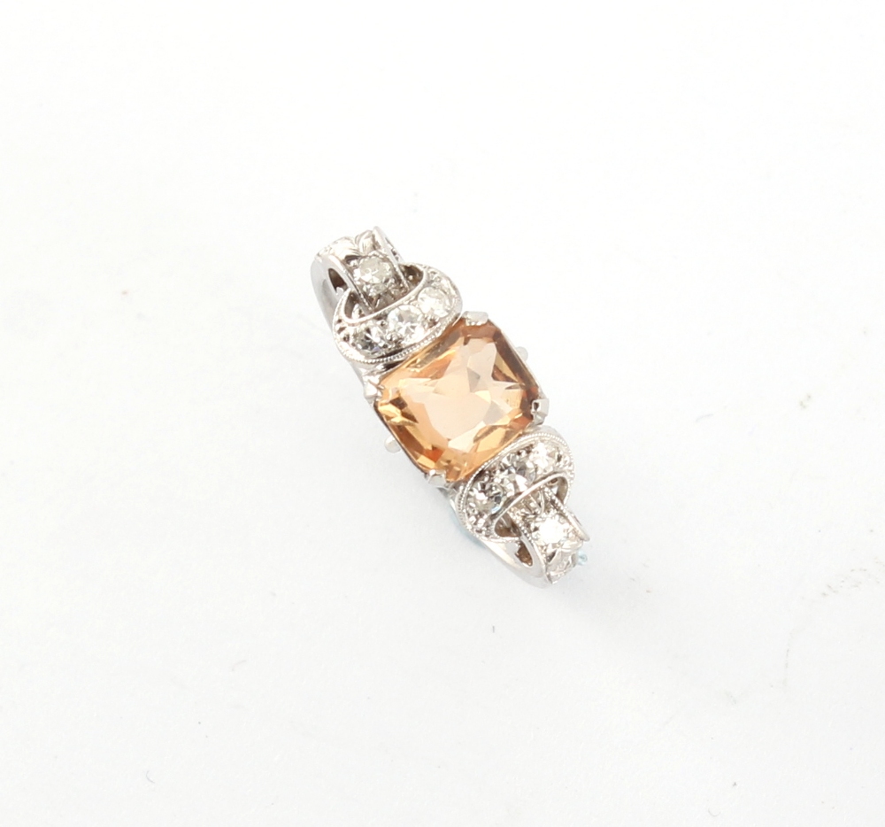 An early 20th century white metal (probably platinum) topaz & diamond ring, with ornately pierced - Image 2 of 2