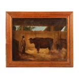 Property of a gentleman - 19th century primitive school - A FARMER AND BULL IN A BARN - oil on