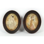 Property of a gentleman - a pair of 19th century silkwork oval pictures depicting country girls,