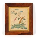 Property of a gentleman - a 19th century silkwork picture depicting a bird perched in a shrub, in