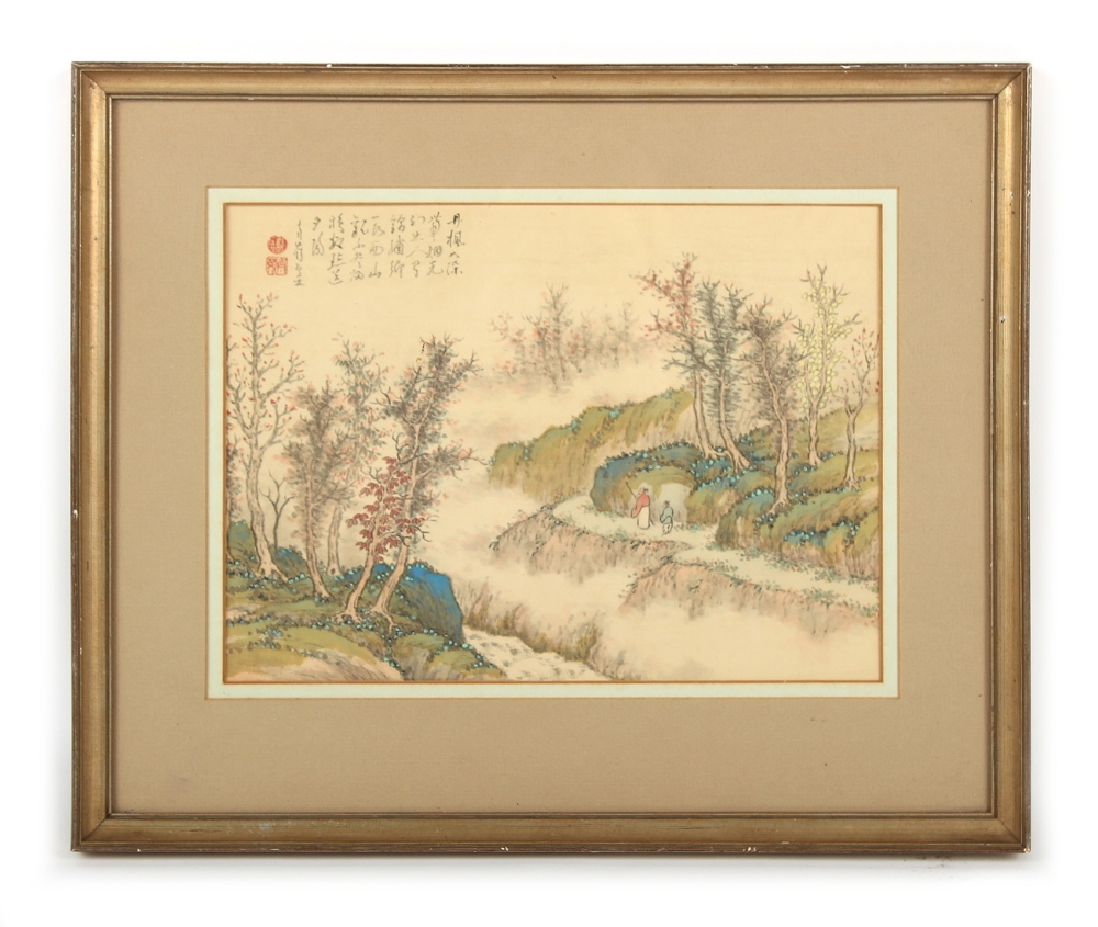 A Chinese painting on silk depicting two figures in a landscape, with calligraphy & two red seals,