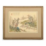 A Chinese painting on silk depicting two figures in a landscape, with calligraphy & two red seals,