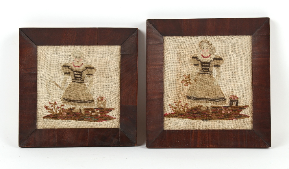 Property of a gentleman - two 19th century woolwork pictures depicting country girls, in matching