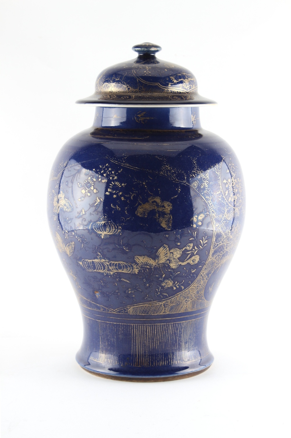 A large Chinese gilt decorated blue ground baluster vase & cover, late 18th / early 19th century,