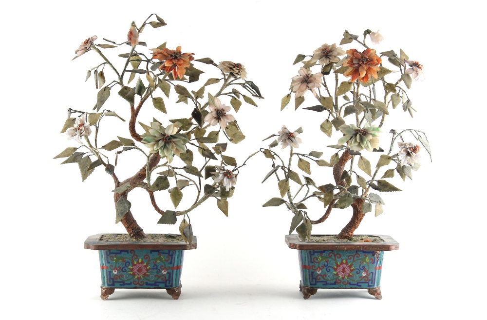 Property of a lady - a pair of Chinese cloisonne & hardstone models of trees, early 20th century,