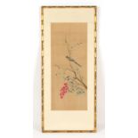Property of a lady - a kesi silk picture depicting a bird in a blossoming cherry tree with fruit,