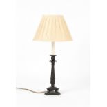 Property of a lady - a bronze table lamp with trefoil base, 24.5ins. (62cms.) high (overall).