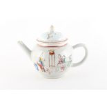 A Chinese famille rose teapot, 18th century, painted with a family and dog in an interior.