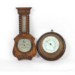Property of a deceased estate - a brass cased bulkhead aneroid barometer, mounted on an oak roundel,