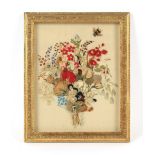 Property of a gentleman - a silkwork & beadwork relief picture depicting a bee above a bouquet of