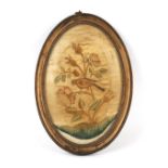 Property of a gentleman - a 19th century silkwork oval picture depicting a bird & flower, in