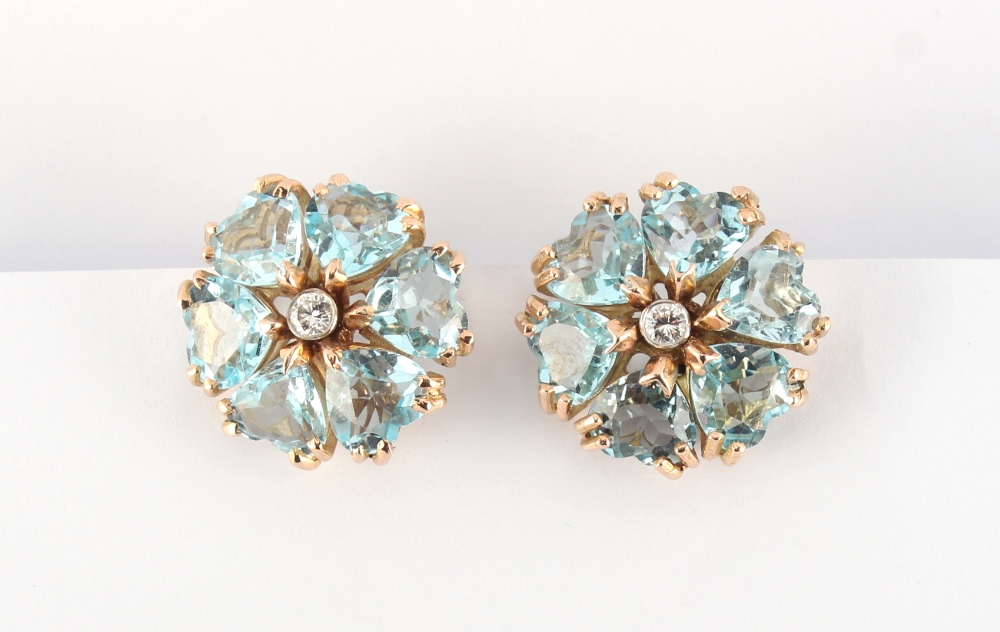 A good pair of aquamarine & diamond flowerhead cluster earrings, each set with six heart shaped