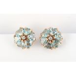 A good pair of aquamarine & diamond flowerhead cluster earrings, each set with six heart shaped