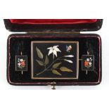 An unusual antique floral pietra dura brooch and earrings suite in fitted box, probably Italian, the