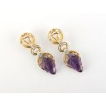A pair of carved amethyst & diamond pendant earrings, the amethysts carved as leaves, maker's mark
