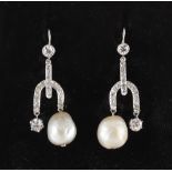 A pair of certificated natural saltwater pearl & diamond earrings, the pearls measuring