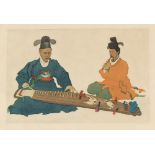 Elizabeth Keith (1887-1956) - COURT MUSICIANS, KOREA (1938) - woodblock, 10.65 by 15.95ins. (27 by