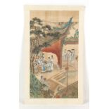 A late 19th / early 20th century Chinese painting on silk depicting a court terrace scene,