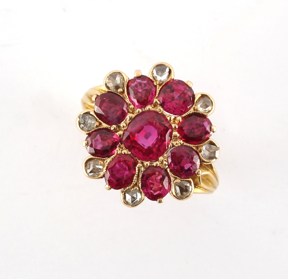 A fine antique ruby & diamond flowerhead cluster ring, set with nine certificated unheated Burmese - Image 2 of 2