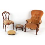Property of a lady - a Victorian carved mahogany armchair with peach coloured upholstery; together
