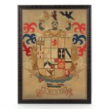Property of a gentleman - a large felt & silk needlework heraldic family crest, in glazed ebonised