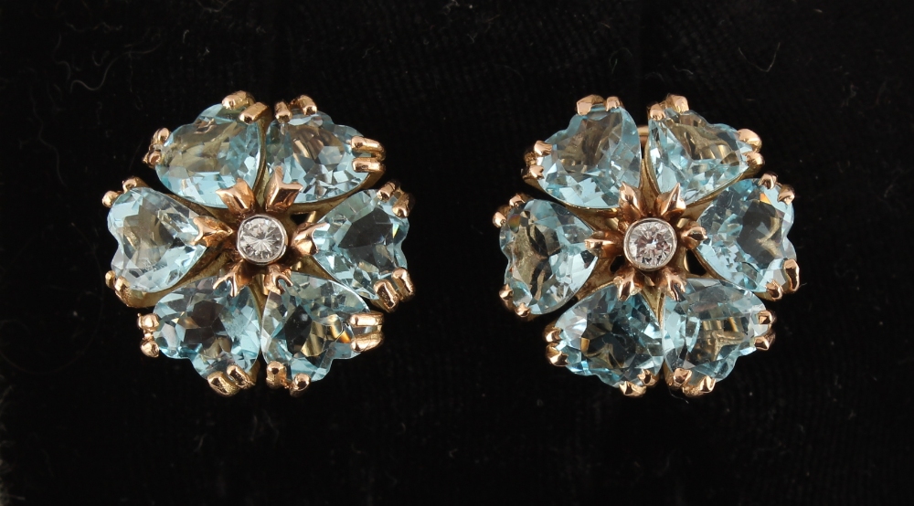 A good pair of aquamarine & diamond flowerhead cluster earrings, each set with six heart shaped - Image 2 of 2