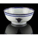 A late 18th century Chinese Qianlong period blue & white export punch bowl, 10.25ins. (26cms.)