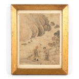 A Chinese painting on paper depicting a family in landscape, 19th century or earlier, in glazed gilt