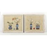 A pair of Chinese paintings on silk depicting flowers in vases, early 20th century Republic period,